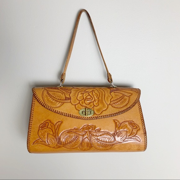 Vintage Handbags - 70s tooled leather, vintage purse.